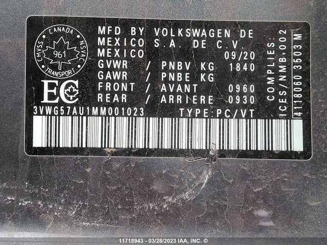3VWG57AU1MM001023 Volkswagen GOLF
