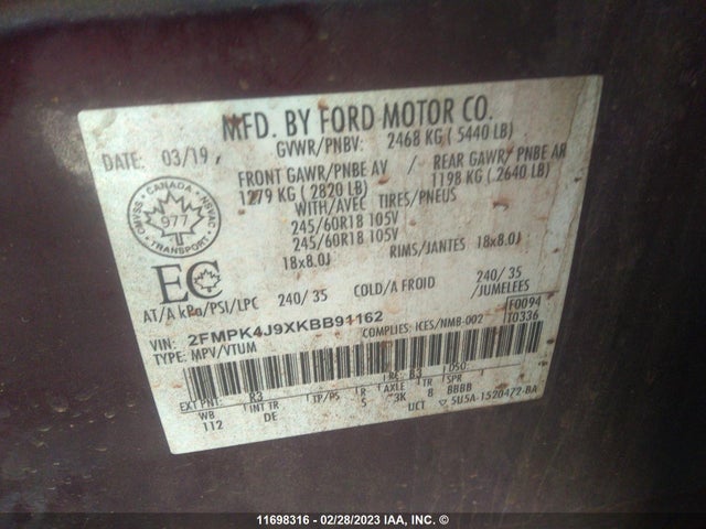 Ford EDGE SEL 2019 2FMPK4J9XKBB91162 Image 9