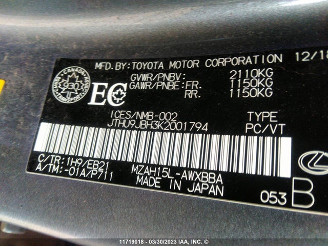 JTHU9JBH3K2001794 Lexus UX 250H