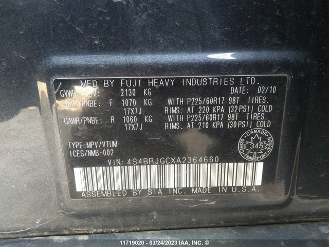 4S4BRJGCXA2364660 Subaru Outback 3.6r Premium