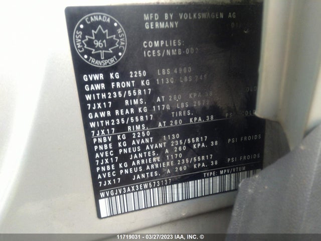 WVGJV3AX3EW573137 Volkswagen Tiguan S/se/sel/r-line