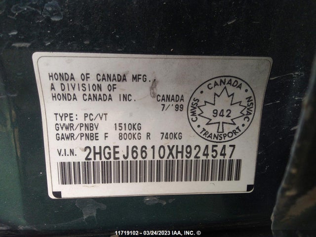 Honda CIVIC SE 1999 2HGEJ6610XH924547 Image 10