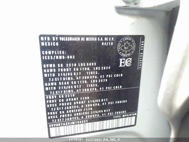 3VV0B7AX5JM144321 Volkswagen TIGUAN S