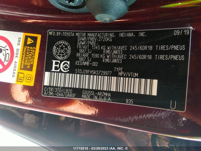 Toyota Highlander Se/xle 2019 5TDJZRFH5KS729977 Image 9