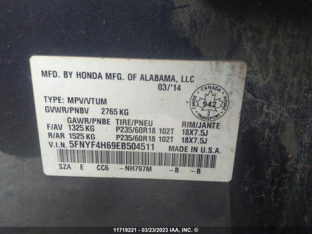 Honda PILOT EXL 2014 5FNYF4H69EB504511 Image 11