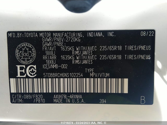 Toyota Highlander Hybrid Le 2022 5TDBBRCH6NS102254 Image 9