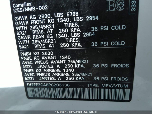 1V2FE2CA8PC203138 Volkswagen Atlas Cross Sport Se
