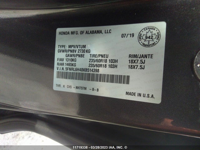 Honda ODYSSEY EX 2019 5FNRL6H48KB514398 Image 9