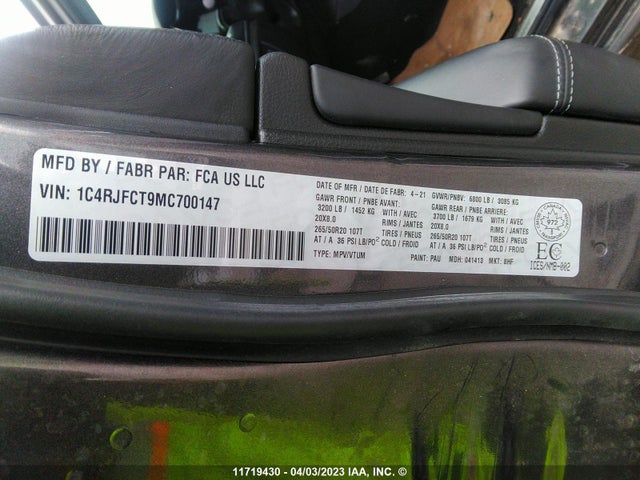 1C4RJFCT9MC700147 Jeep Grand Cherokee Overland