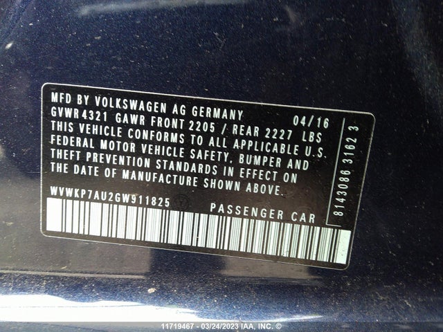WVWKP7AU2GW911825 Volkswagen E-golf Se