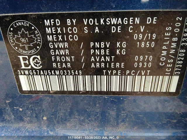 Volkswagen GOLF S/SE 2019 3VWG57AU5KM033549 Image 11
