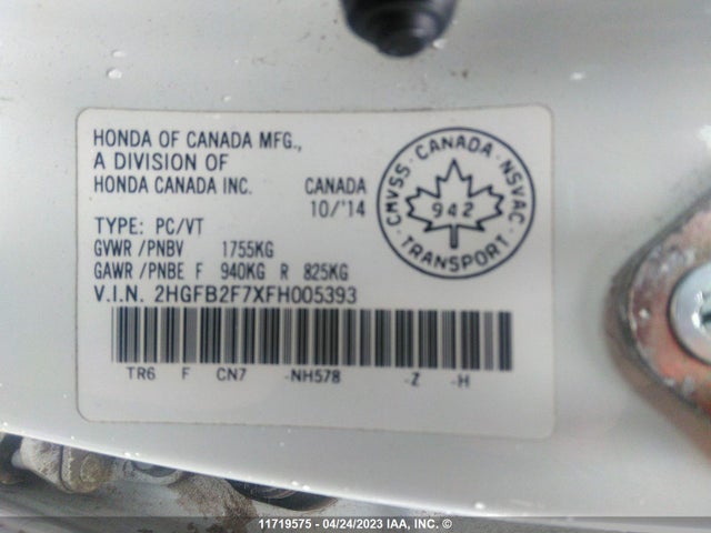 Honda CIVIC SE 2015 2HGFB2F7XFH005393 Image 9