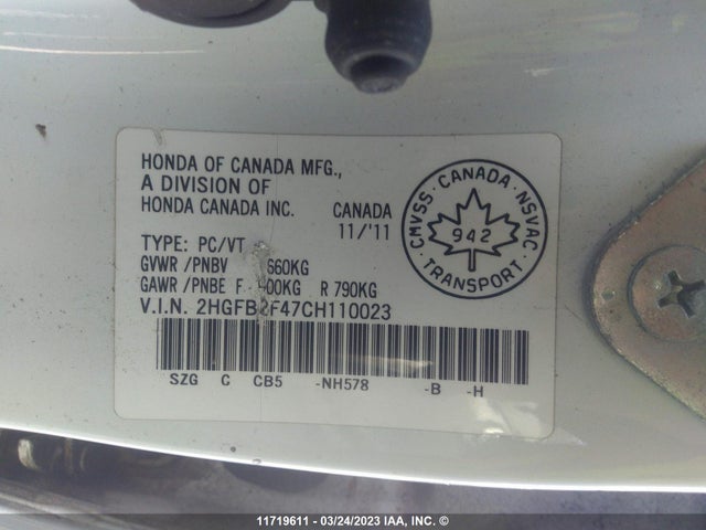Honda Civic Lx 2012 2HGFB2F47CH110023 Image 9