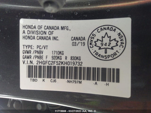 Honda Civic Lx 2019 2HGFC2F52KH019732 Image 9