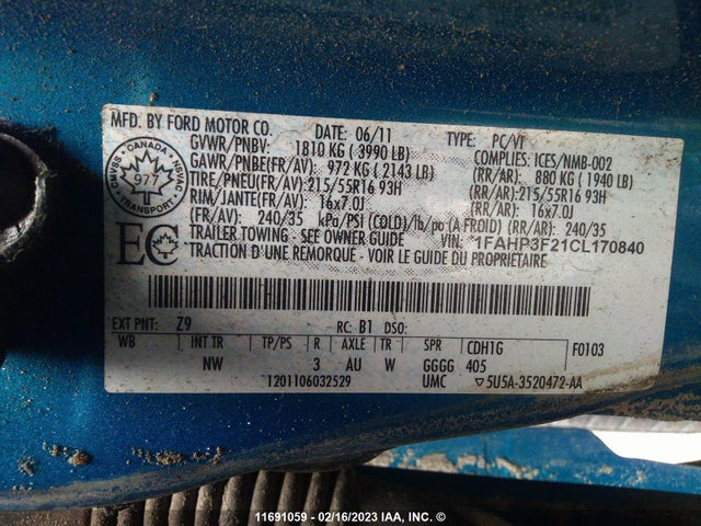 Ford FOCUS SE 2012 1FAHP3F21CL170840 Image 10