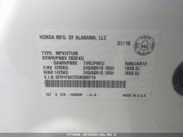 Honda PILOT EXL 2019 5FNYF6H72KB500719 Image 10