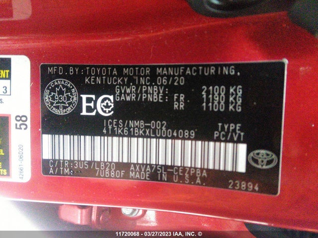 Toyota CAMRY XSE 2020 4T1K61BKXLU004089 Image 10