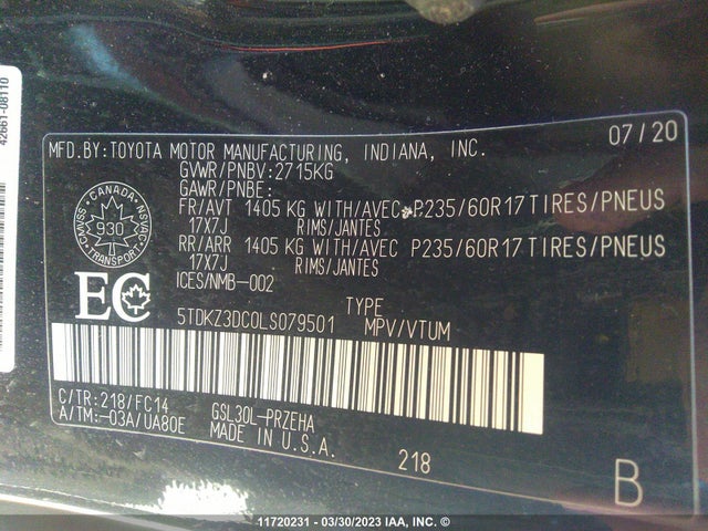 Toyota SIENNA LE 2020 5TDKZ3DC0LS079501 Image 9