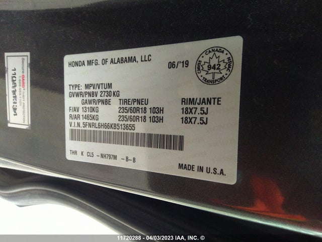 Honda ODYSSEY EXL 2019 5FNRL6H66KB513655 Image 9