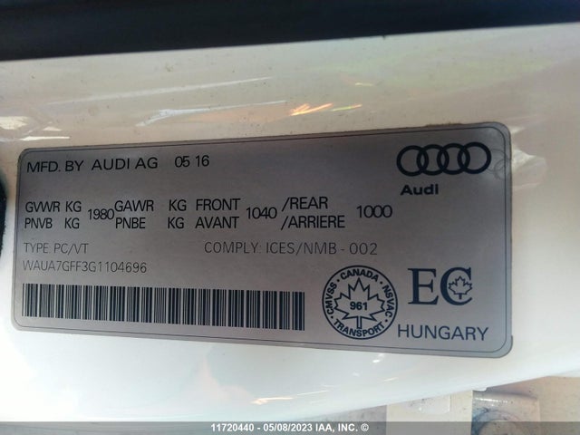 WAUA7GFF3G1104696 Audi A3 PREMIUM