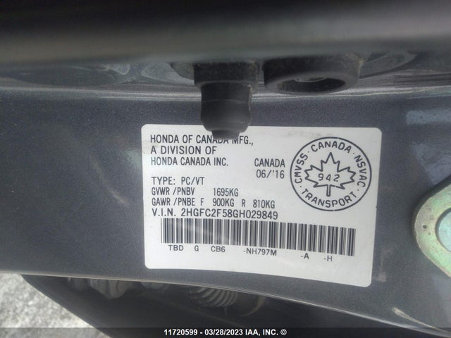 11720599 :رقم المزاد ، 2HGFC2F58GH029849 vin ، 2016 Honda Civic Lx مزاد بيع