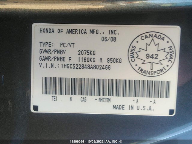 Honda ACCORD EXL 2008 1HGCS22848A802466 Image 10
