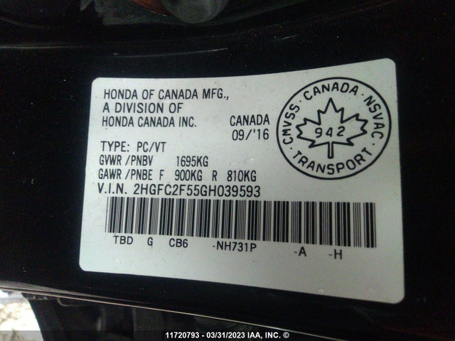 Honda Civic Lx 2016 2HGFC2F55GH039593 Image 9