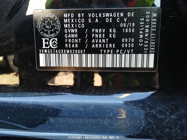 3VWG57AUXKM028007 Volkswagen GOLF