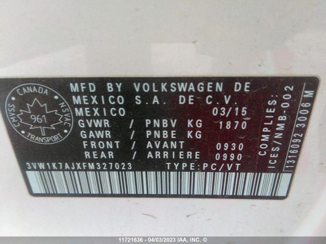 Volkswagen JETTA S 2015 3VW1K7AJXFM327023 Image 9