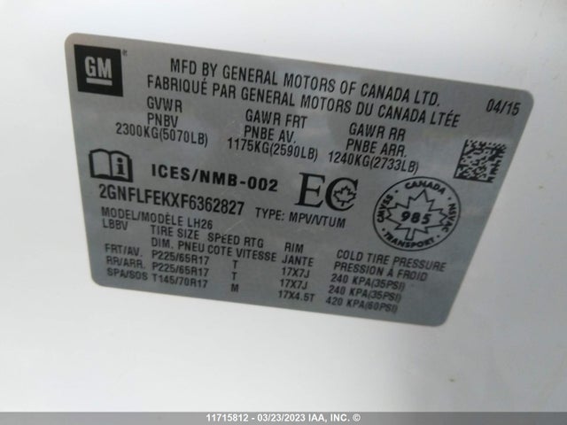 11715812 :رقم المزاد ، 2GNFLFEKXF6362827 vin ، 2015 Chevrolet Equinox Lt مزاد بيع