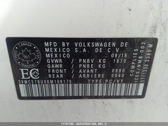 3VWC57BUXKM109179 Volkswagen Jetta S/se/r-line