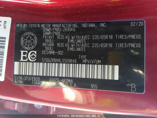 Toyota Highlander Xle 2020 5TDGZRBHXLS509848 Image 11