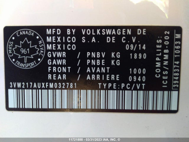 3VW217AUXFM032781 Volkswagen GOLF