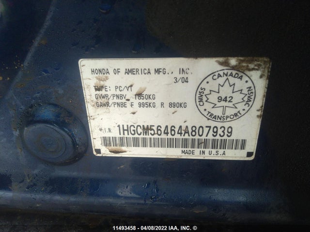 Honda ACCORD LX 2004 1HGCM56464A807939 Image 10