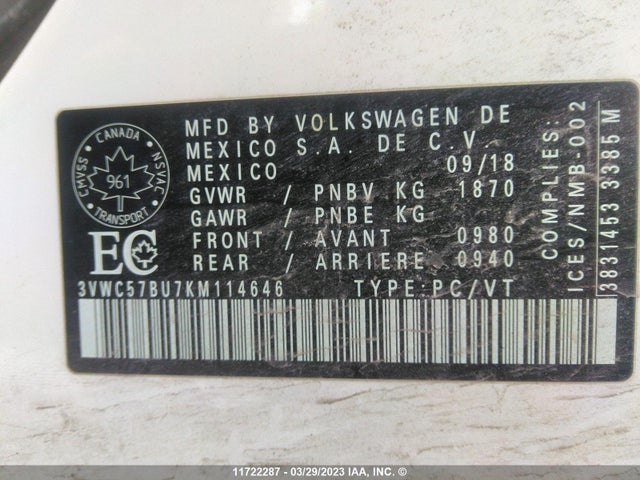 3VWC57BU7KM114646 Volkswagen Jetta S/se/r-line
