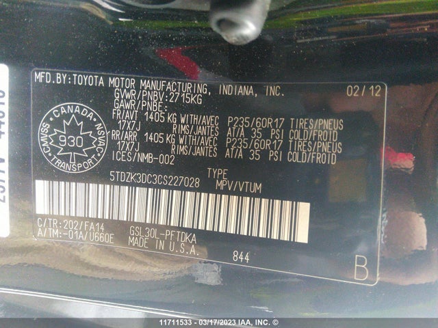 Toyota Sienna 2012 5TDZK3DC3CS227028 Image 9
