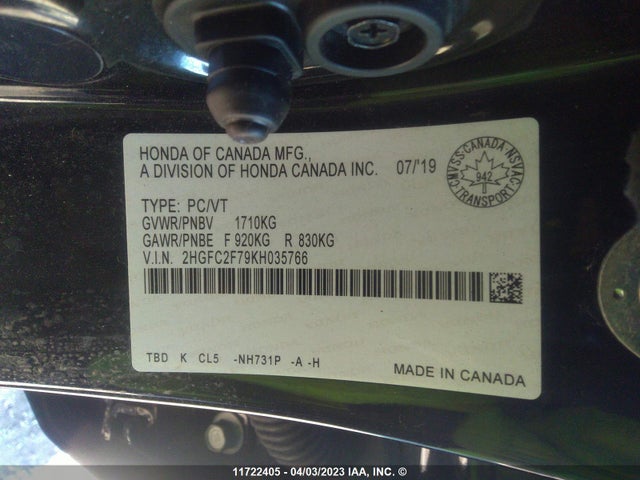 Honda CIVIC EX 2019 2HGFC2F79KH035766 Image 11
