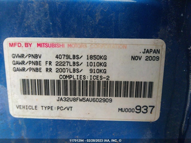 JA32U8FW5AU602909 Mitsubishi LANCER GTS