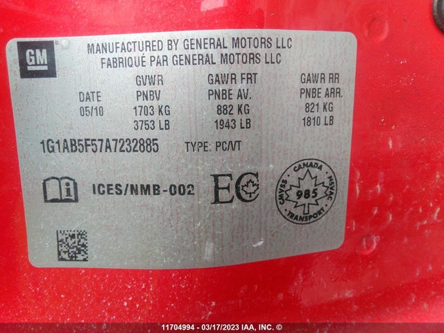 Chevrolet COBALT LS 2010 1G1AB5F57A7232885 Image 10