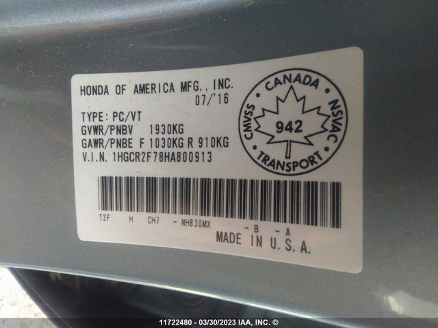 Honda ACCORD EX 2017 1HGCR2F78HA800913 Image 9