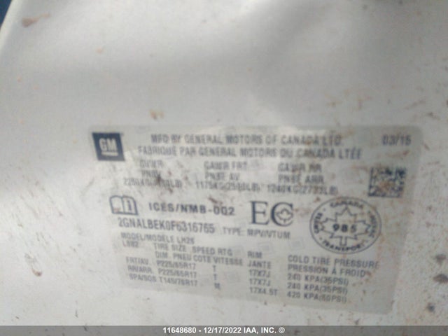 Chevrolet EQUINOX LT 2015 2GNALBEK0F6316765 Image 10