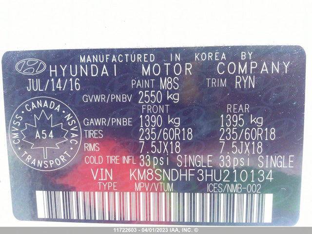 Hyundai SANTA FE 2017 KM8SNDHF3HU210134 Image 9