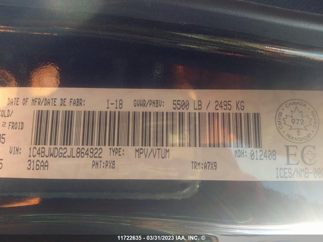 1C4BJWDG2JL864922 Jeep Wrangler Unlimited Sport