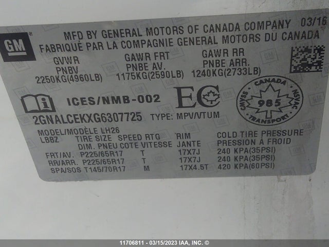 Chevrolet EQUINOX LT 2016 2GNALCEKXG6307725 Image 11