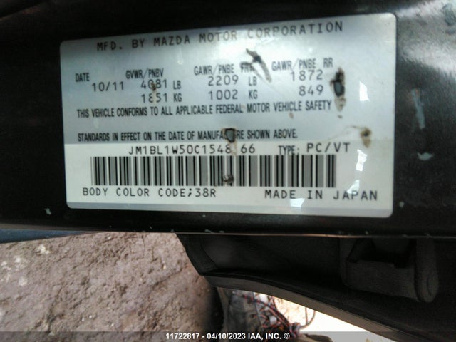 Aukcja sprzedaży 2012 Mazda 3 S, vin: JM1BL1W50C1548166, numer aukcji: 11722817