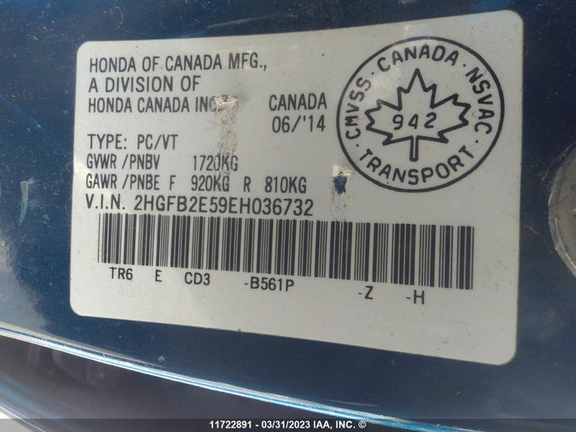 Honda Civic Lx 2014 2HGFB2E59EH036732 Image 9