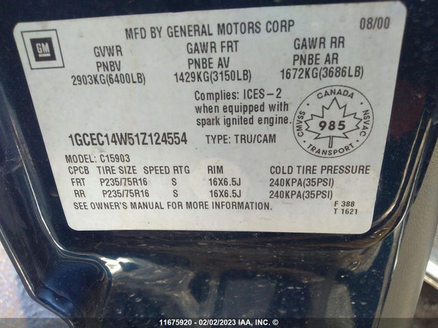 Chevrolet Silverado C1500 2001 1GCEC14W51Z124554 Image 10