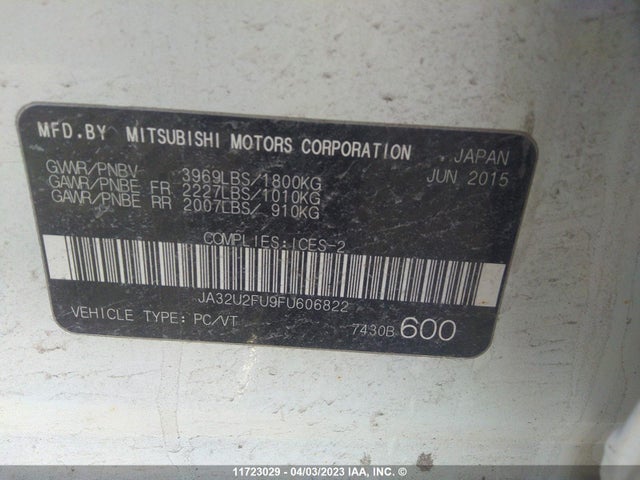 JA32U2FU9FU606822 Mitsubishi LANCER ES
