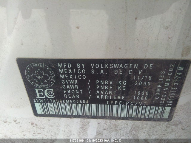 Продажа на аукционе авто 2019 Volkswagen Golf Sportwagen S, vin: 3VW117AU6KM502584, номер лота: 11723109