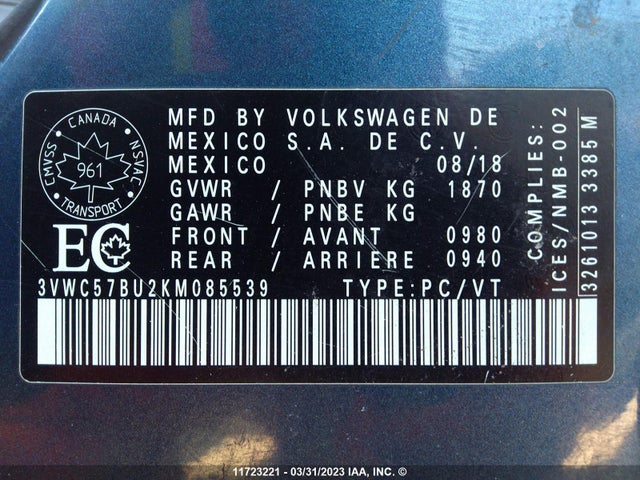 3VWC57BU2KM085539 Volkswagen Jetta S/se/r-line